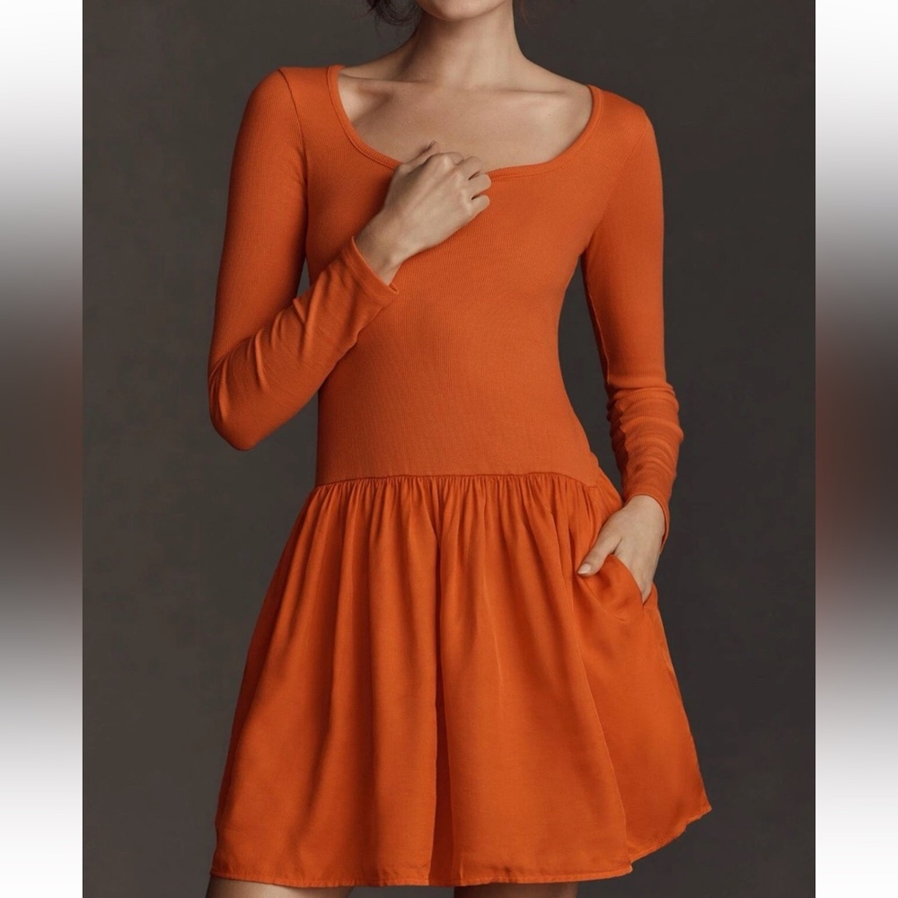 Sundry Anthropologie Mixed Media Long Sleeve Mini Drop Waist Dress